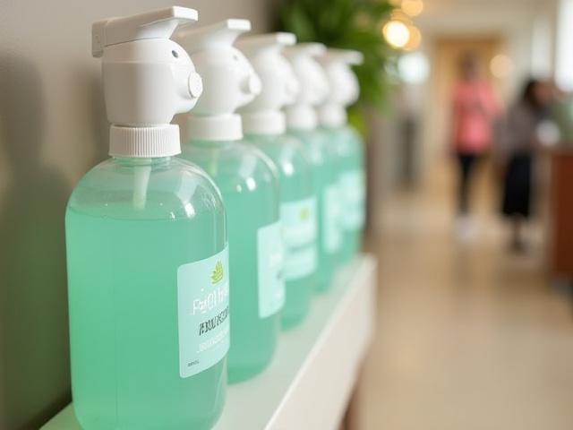 Herbal Gleam Bulk Plant-Based Sanitizer, large dispenser bottles in an institutional setting