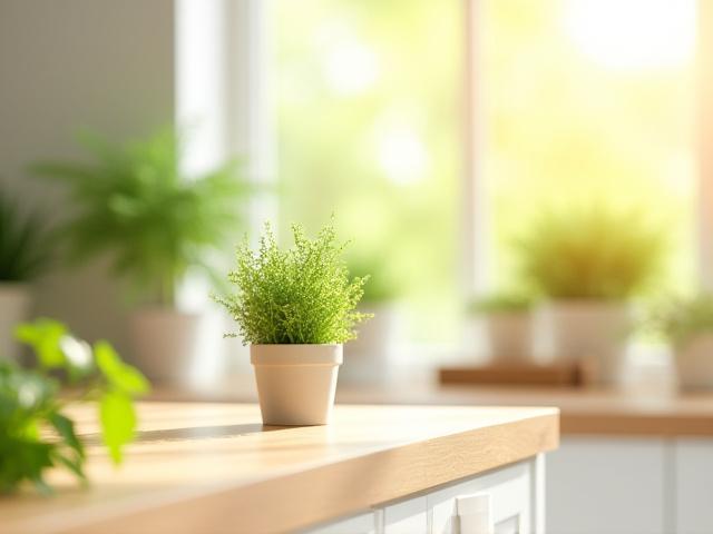 Sunlit, clean kitchen with fresh herbs and plants, symbolizing natural cleaning and freshness.