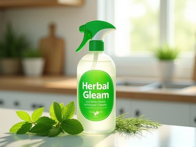 Herbal Gleam Eco-Friendly All-Purpose Cleaner, spray bottle with green label and fresh herbs
